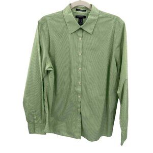 Lands' End Button Front Shirt Womens 16 Green White Stripe‎ Cotton Polyester